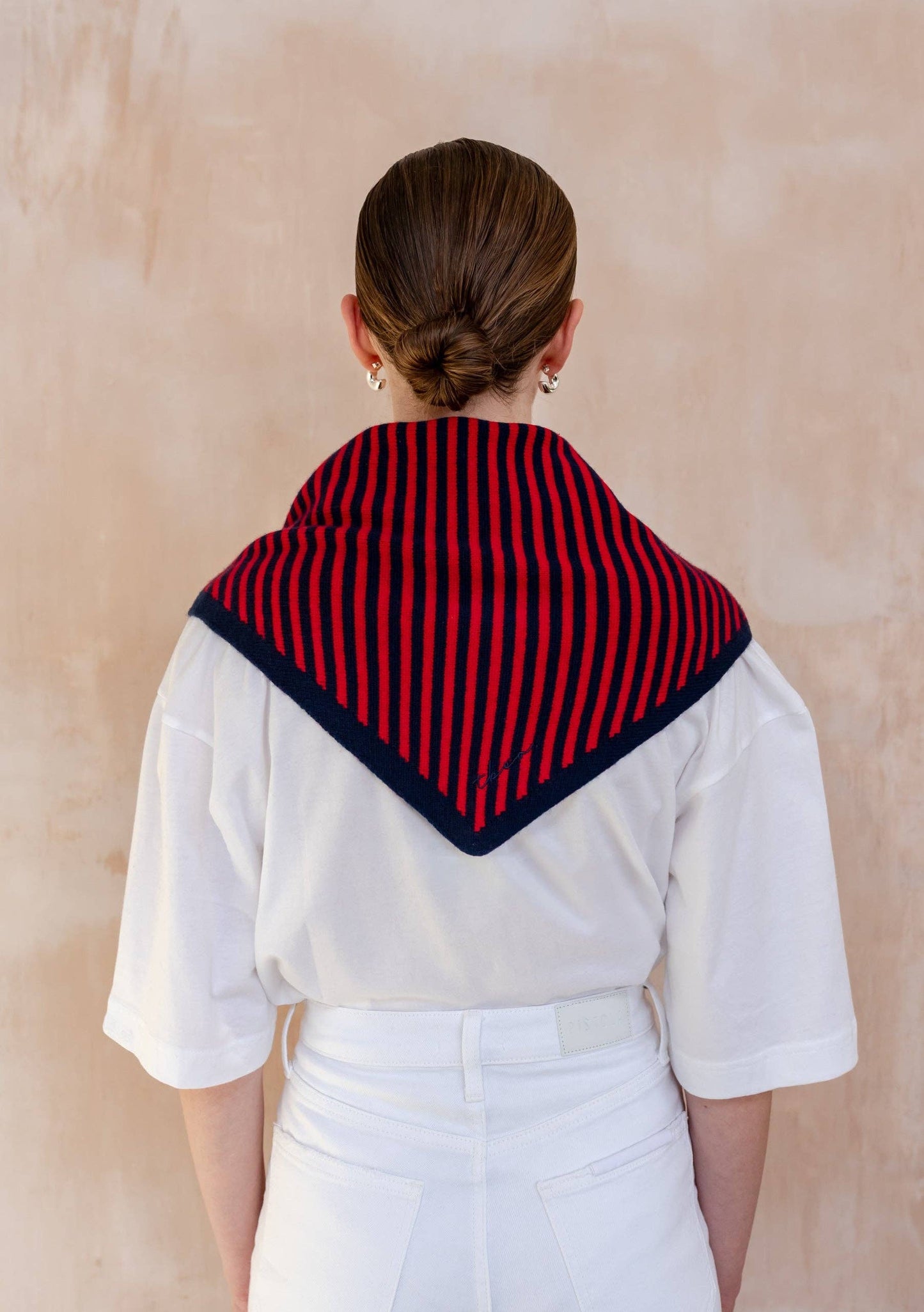 Merino Wool Triangle Scarf in Navy & Red Stripe