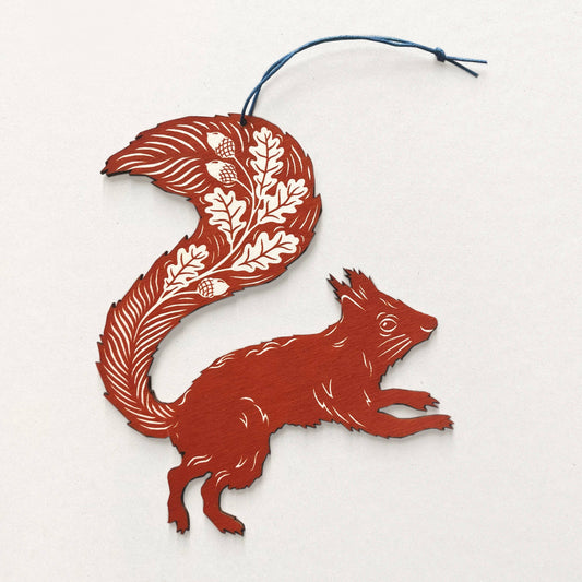 Squirrel Screenprinted Wooden Decoration - Rusty Red