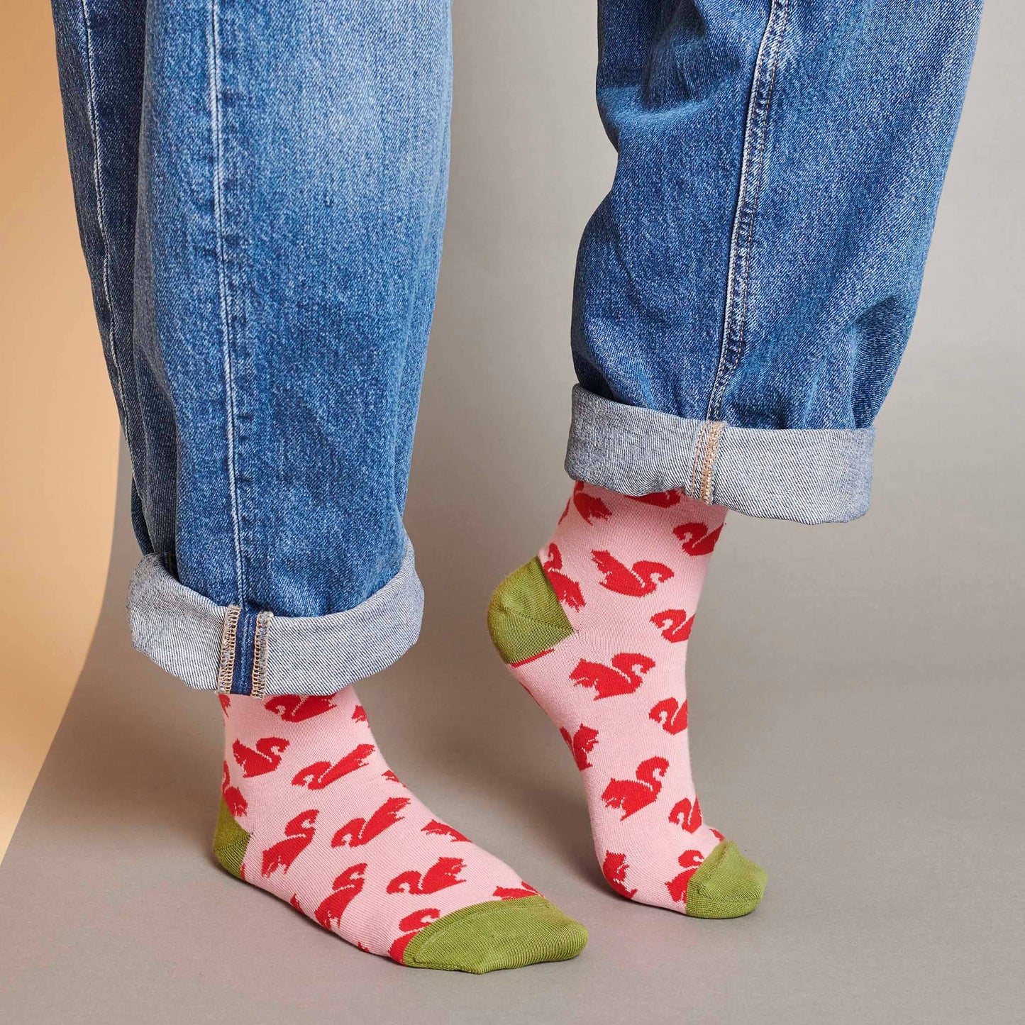 Women's Organic Cotton Crew Socks. Squirrel - Pink/Red