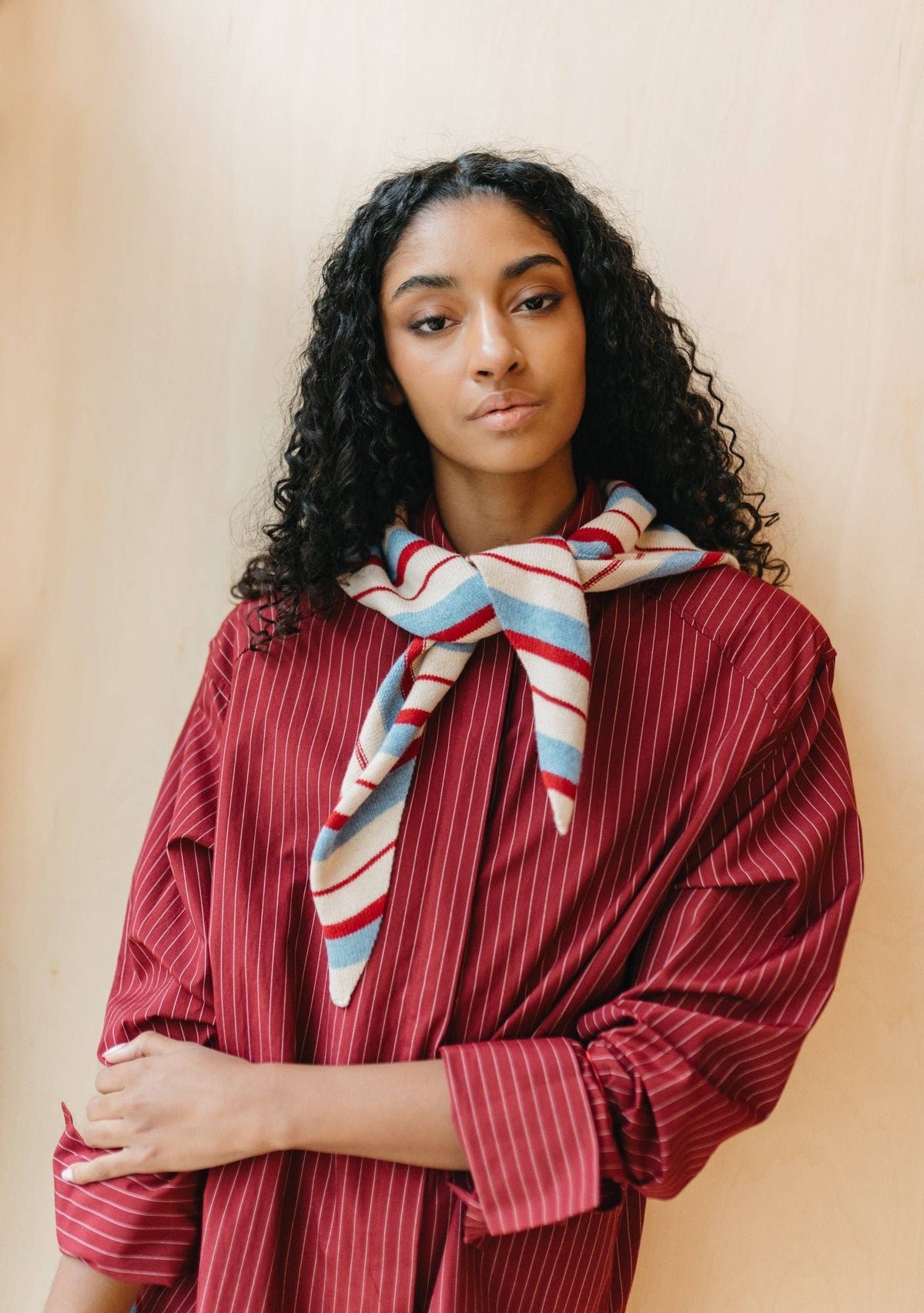 Merino Wool Triangle Scarf in Blue & Red Stripe