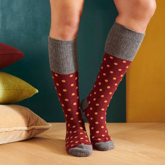Women's Lambswool Boot / Long Socks : Spots - plum & peach