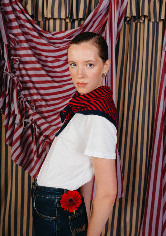 Merino Wool Triangle Scarf in Navy & Red Stripe