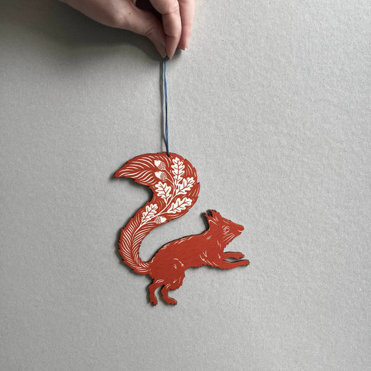 Squirrel Screenprinted Wooden Decoration - Rusty Red