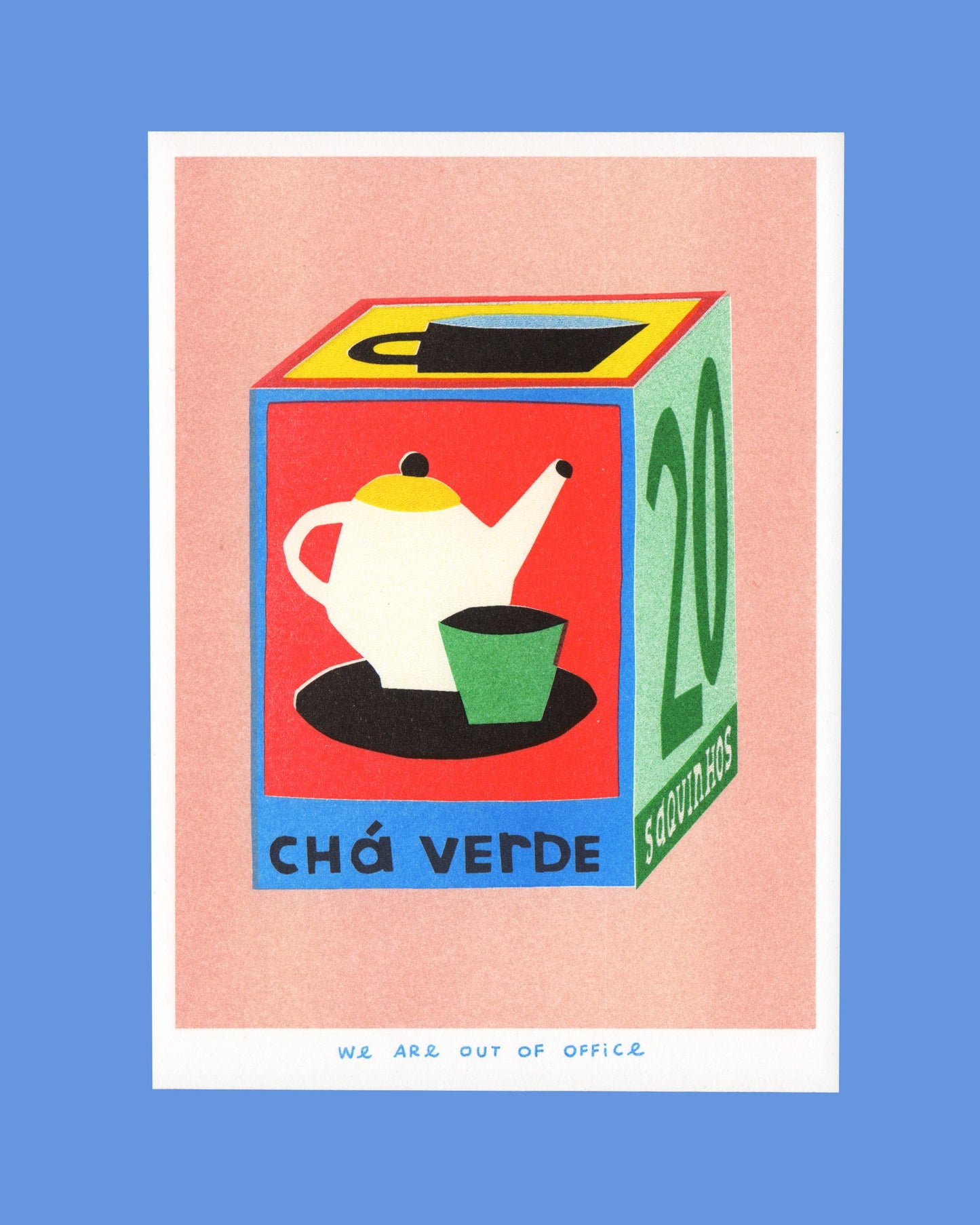 A risograph print of a box of 20 bags of tea