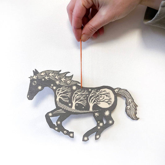 Horse Screenprinted Wooden Decoration - Silver Grey