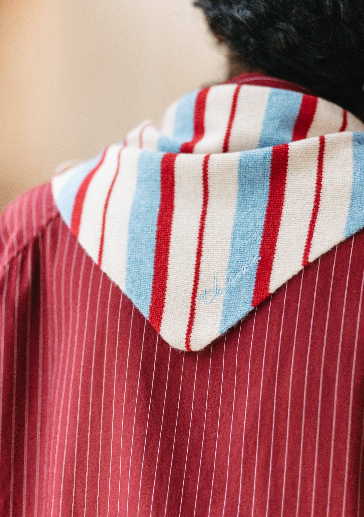 Merino Wool Triangle Scarf in Blue & Red Stripe