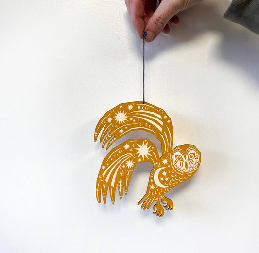 Owl Screenprinted Wooden Decoration - Yellow Ochre