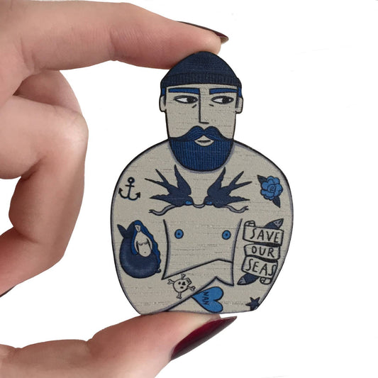 Tattooed Sailor Wooden Pin Brooch