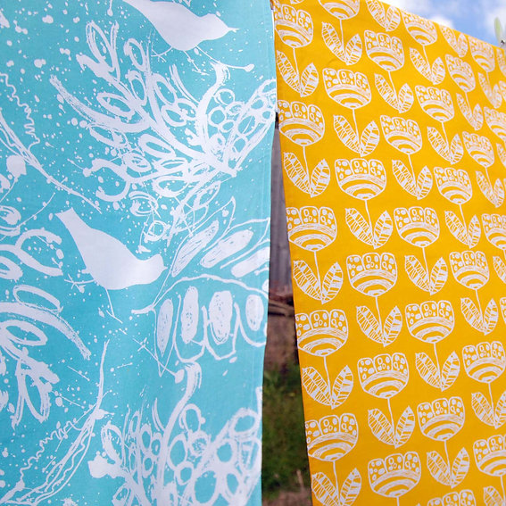 Blue Tea Towel. Birds and Leaves Design.
