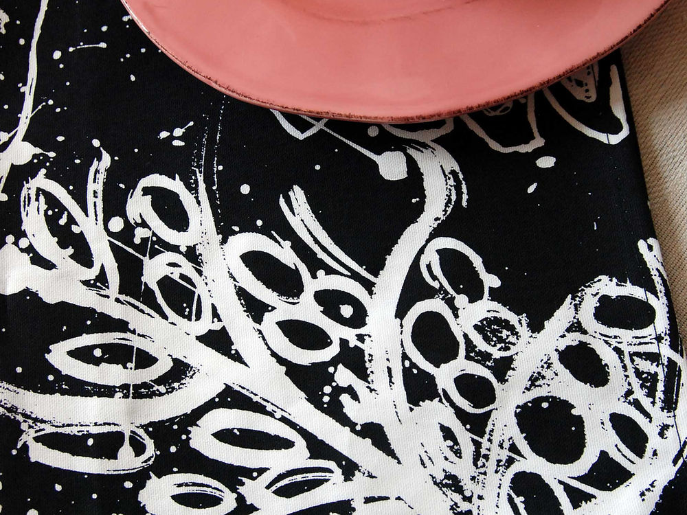 Black Tea Towel. Birds and Leaves Design.