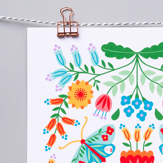 Moths & Flowers Folk Art Print