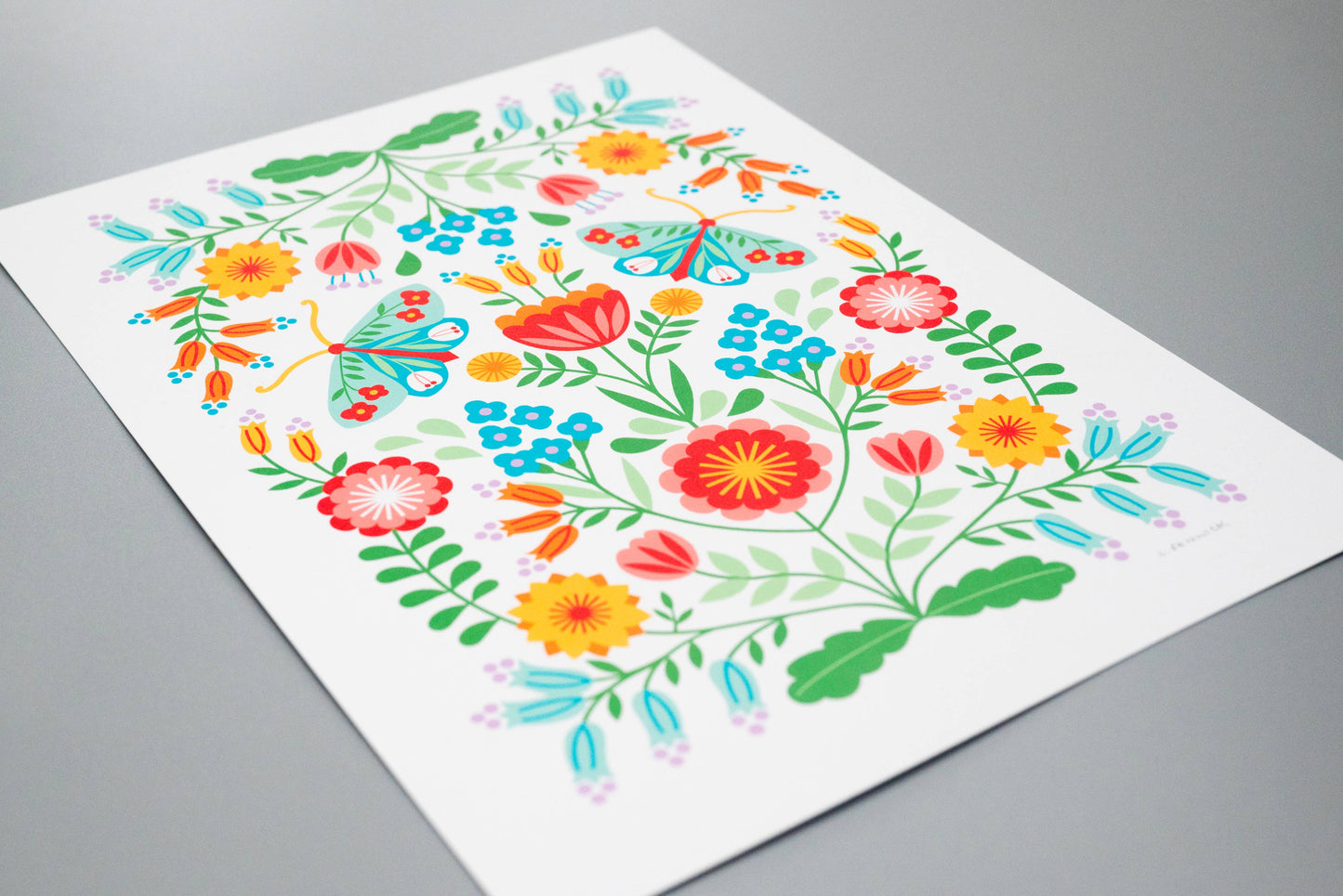 Moths & Flowers Folk Art Print