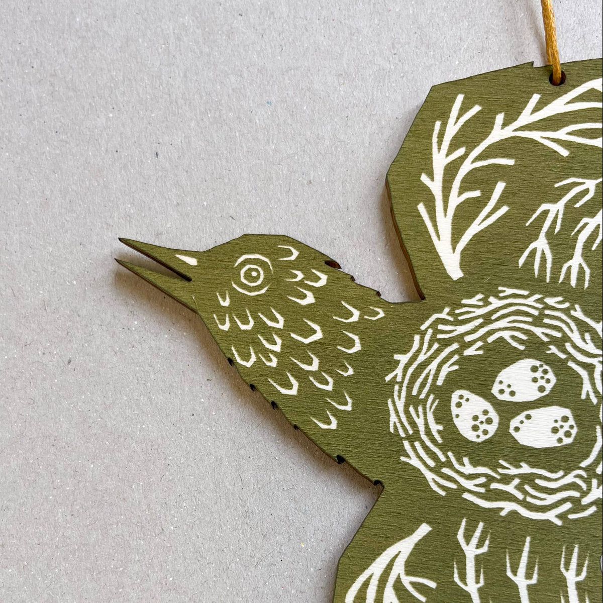 Screenprinted Wooden Decoration - Woodland Bird - Olive Green