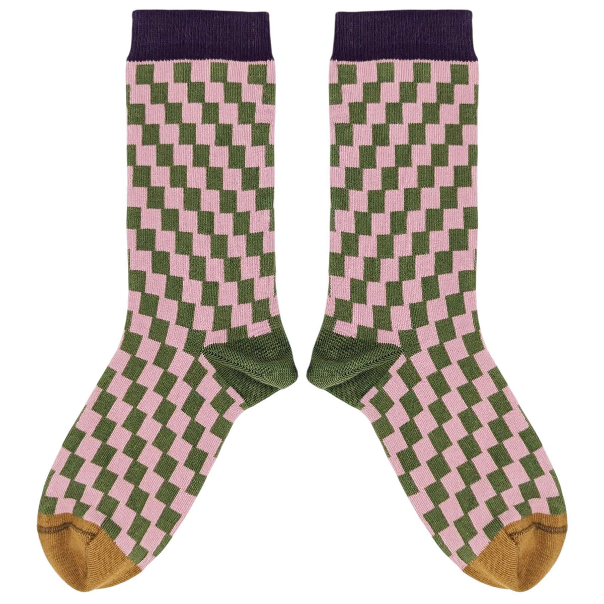 Women's Organic Cotton Crew Socks. Small Check- Light Pink/Khaki