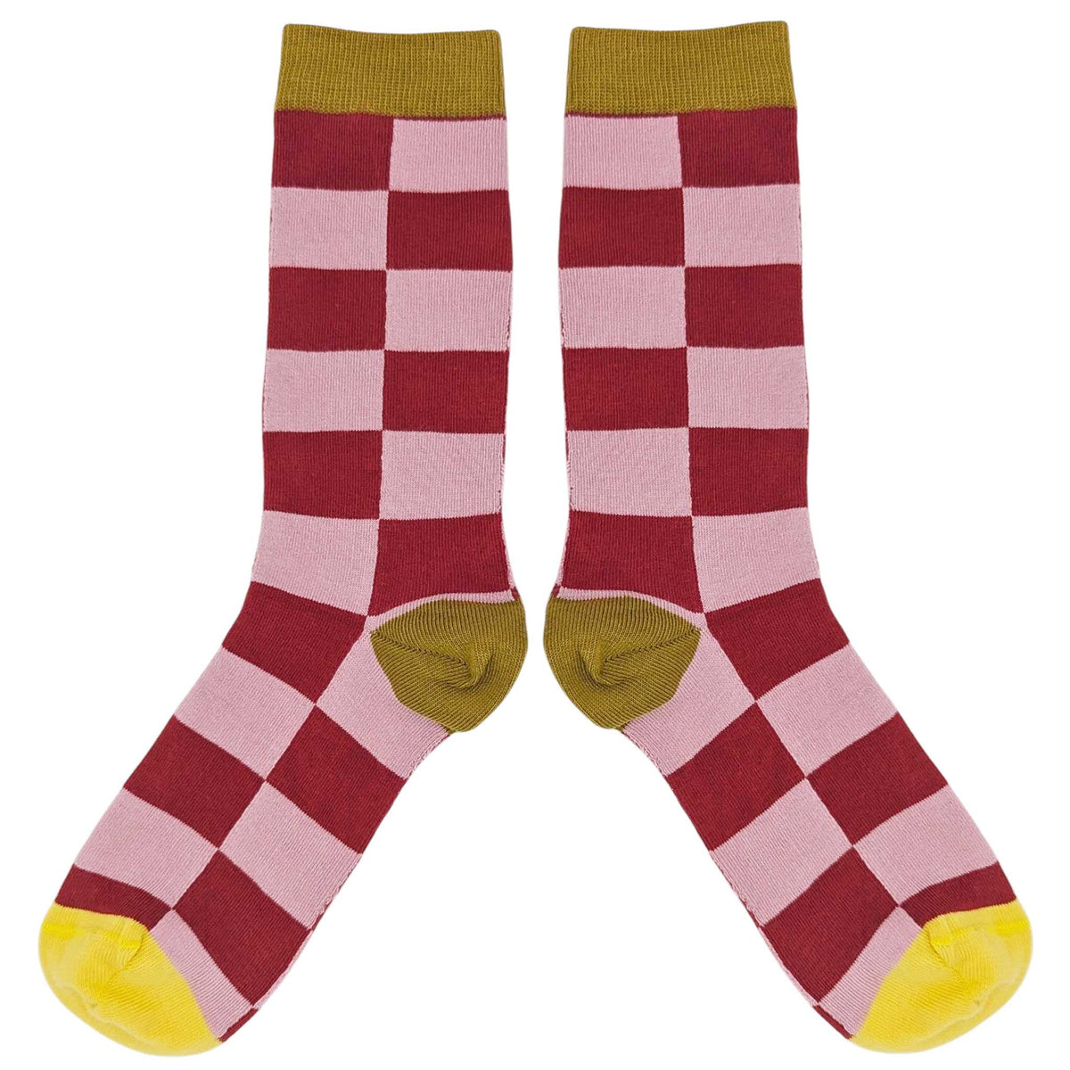 Women's Organic Cotton Crew Socks. Large Check - Red/Light Pink