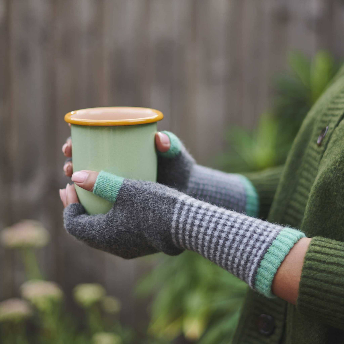 Women's Lambswool Fingerless Gloves - Soft Green & Electric Yellow