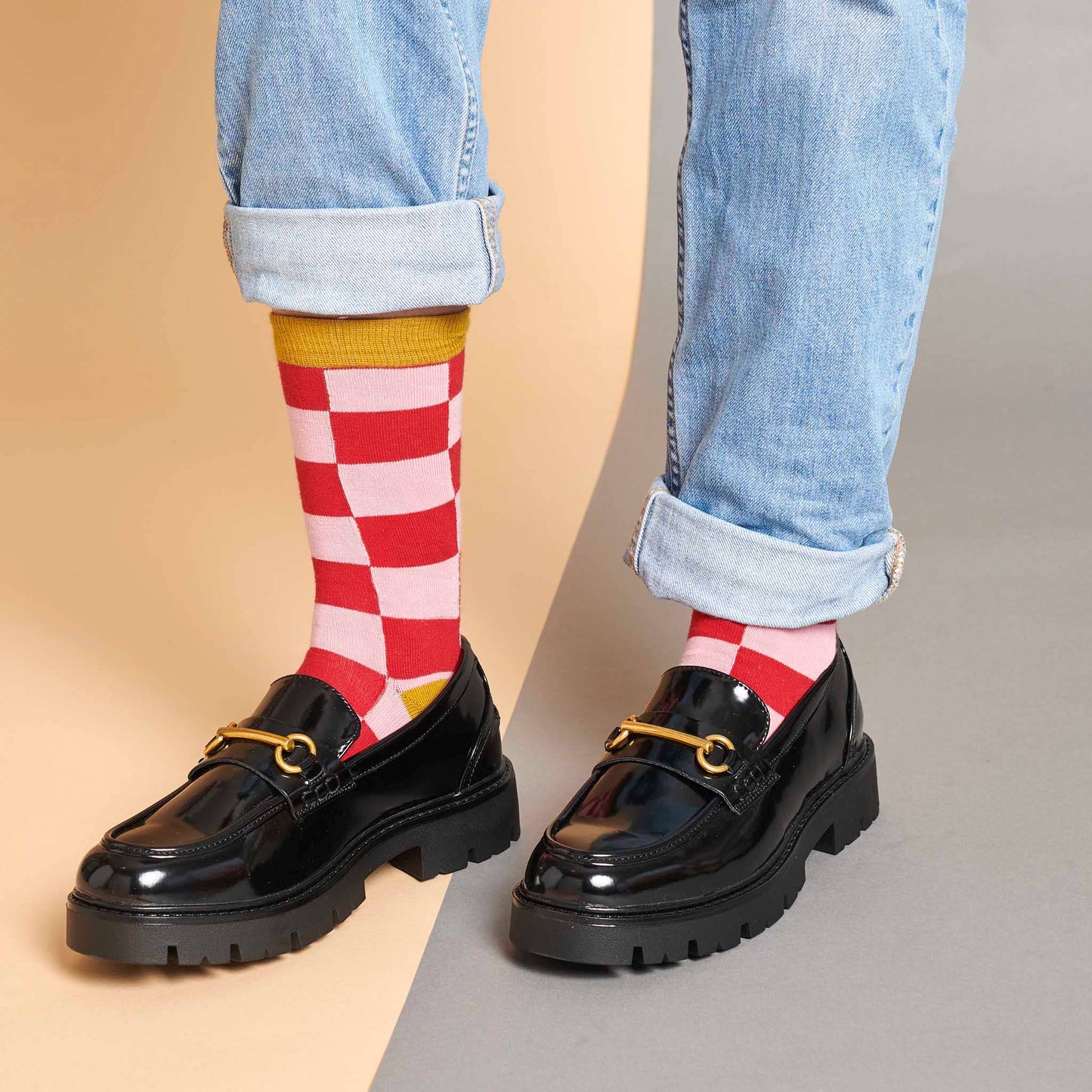 Women's Organic Cotton Crew Socks. Large Check - Red/Light Pink