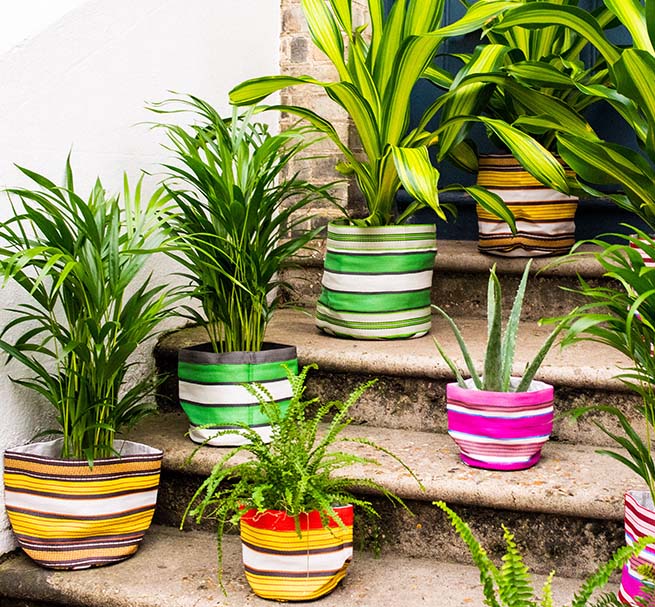 Eco Woven Plant Pot Cover In Grass Green, Indigo & Pearl