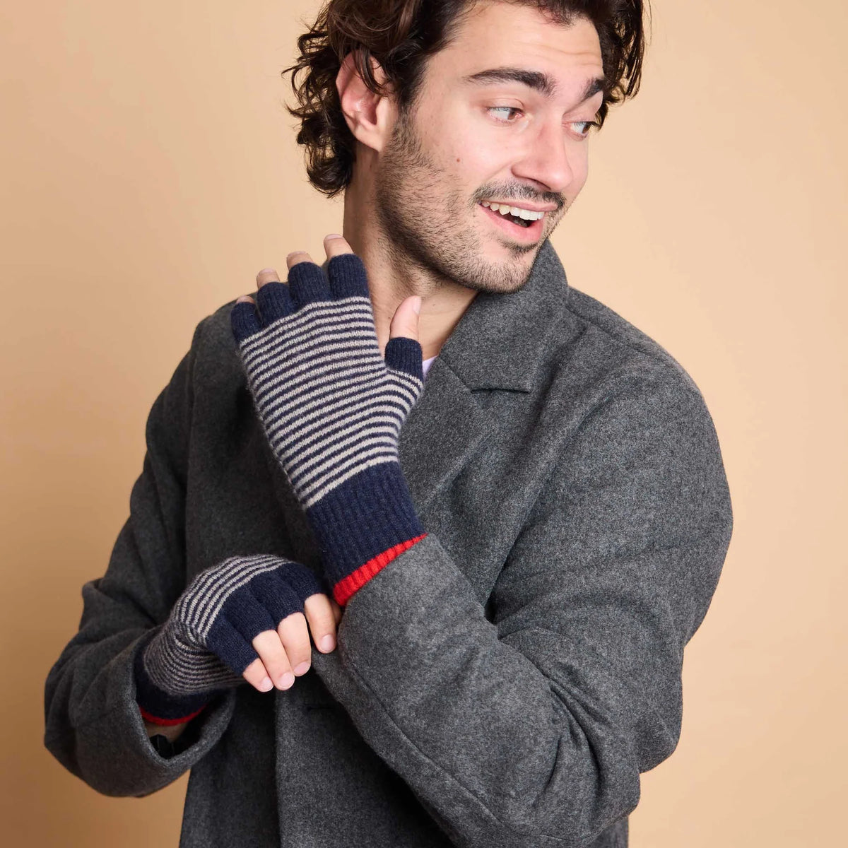 Unisex Lambswool Fingerless Gloves: Fine Stripe - Navy