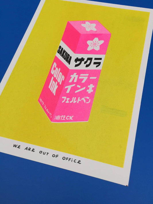 A deliciously bright risograph print of a Japanese sakura ink