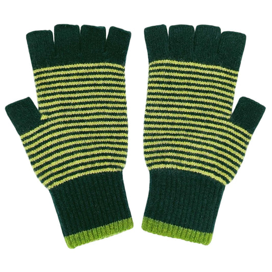 Unisex Lambswool Fingerless Gloves: Fine Stripe - Dark Green
