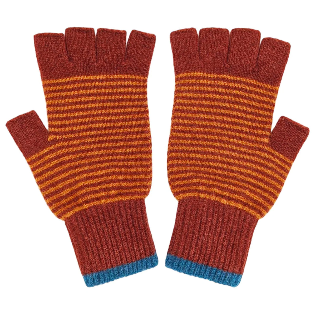 Unisex Lambswool Fingerless Gloves: Fine Stripe - Dark Red