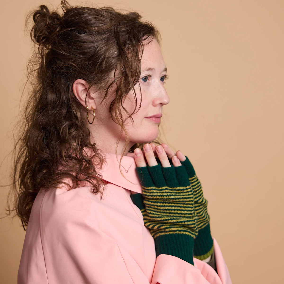 Unisex Lambswool Fingerless Gloves: Fine Stripe - Dark Green