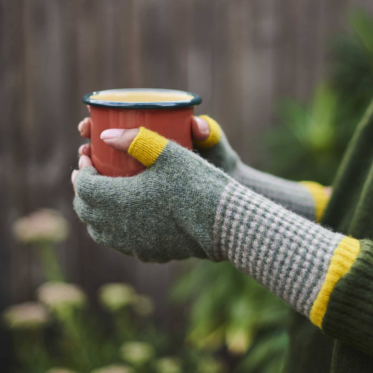 Women's Lambswool Fingerless Gloves - Soft Green & Electric Yellow