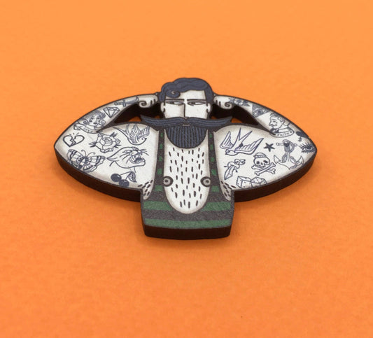Vintage Style Circus Strongman Wooden Pin Brooch