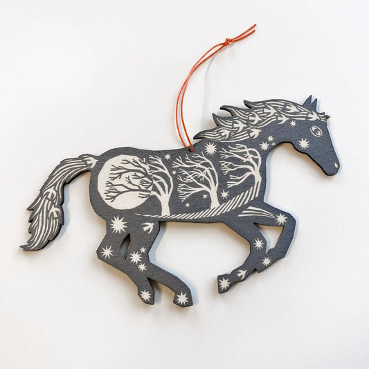 Horse Screenprinted Wooden Decoration - Silver Grey