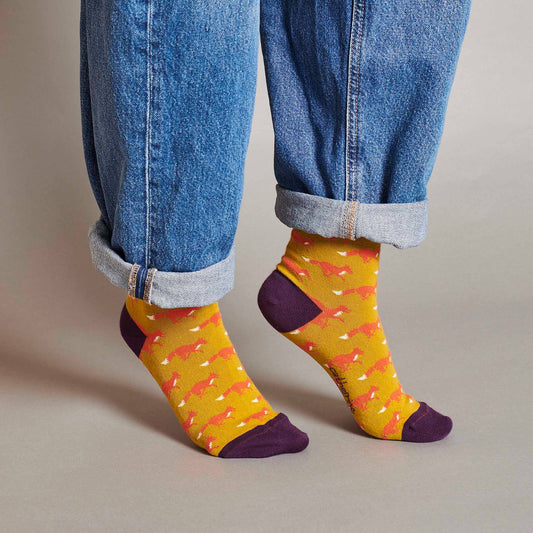 Women's Organic Cotton Crew Socks. Fox- Green/Aubergine