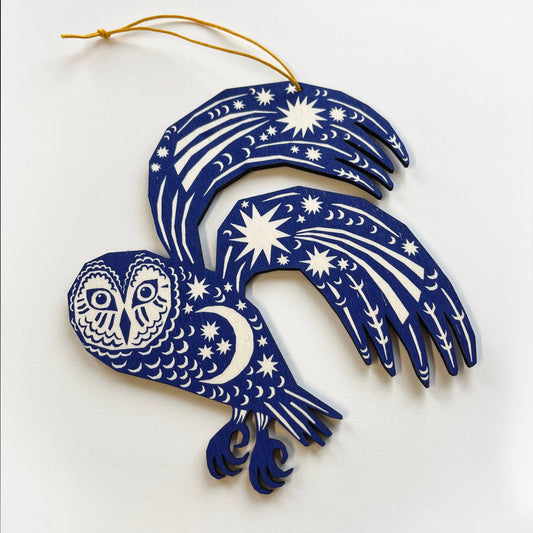 Owl Screenprinted Wooden Decoration - Midnight Blue