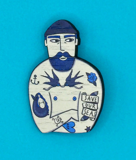 Tattooed Sailor Wooden Pin Brooch