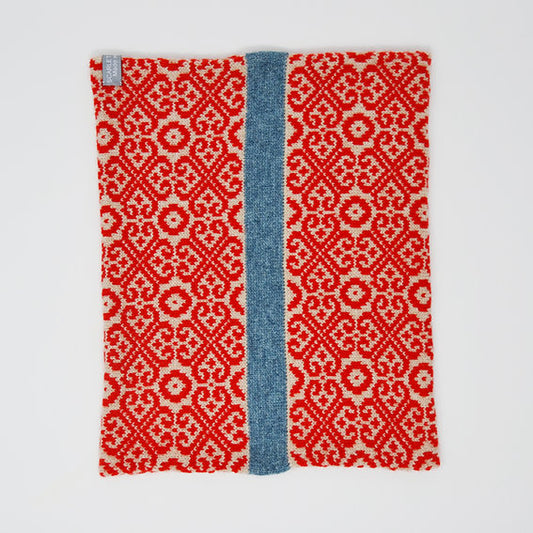 Poppy and Oatmeal with Lichen Blue Stripe Snood in " Baltic Heritage" pattern