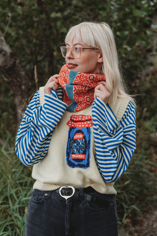 Poppy and Oatmeal with Lichen Blue Stripe Snood in " Baltic Heritage" pattern