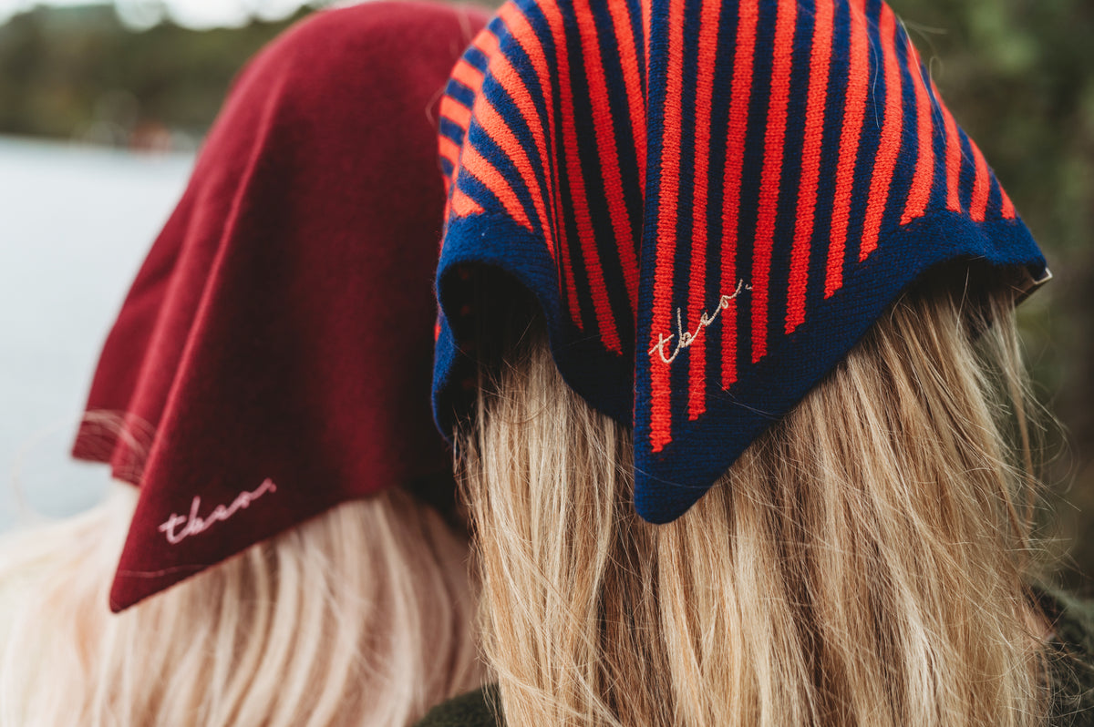Merino Wool Triangle Scarf in Navy & Red Stripe