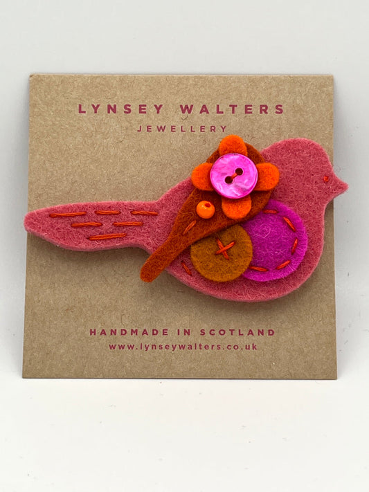 Soft Pink and Orange Bird Brooch by Lynsey Walters