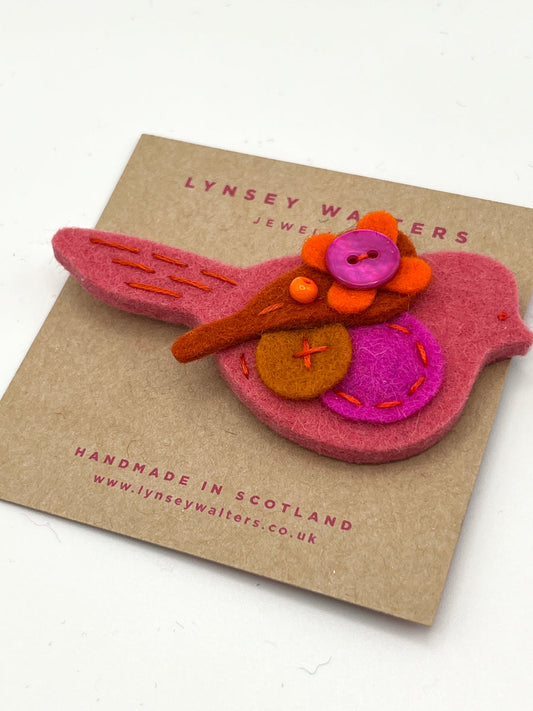 Soft Pink and Orange Bird Brooch by Lynsey Walters