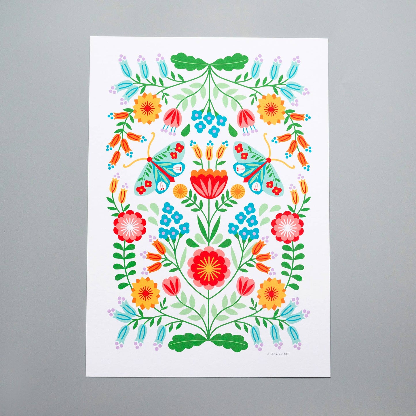 Moths & Flowers Folk Art Print