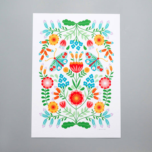 Moths & Flowers Folk Art Print