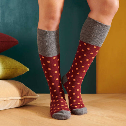 Women's Lambswool Boot / Long Socks : Spots - plum & peach