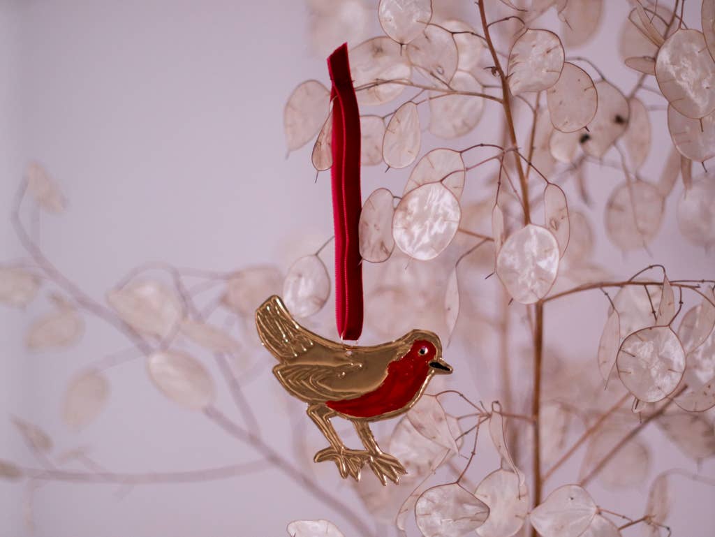 Robin Ornament -  Tin Embossed with Ribbon