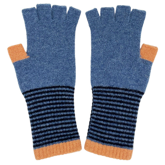 Women's Lambswool Fingerless Gloves - Denim & Peach