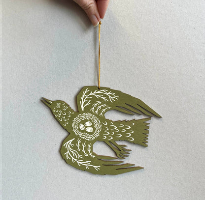Screenprinted Wooden Decoration - Woodland Bird - Olive Green