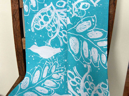 Tea Towel- Screen Printed in Blue. Birds and Leaves Design.