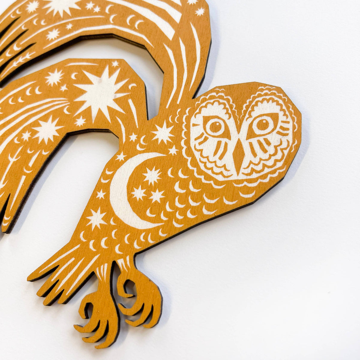 Owl Screenprinted Wooden Decoration  - Yellow Ochre