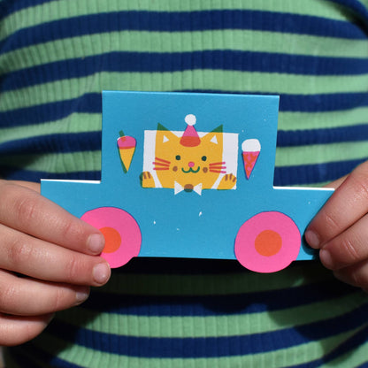 Party Cat Little Blue Car Die Cut Card
