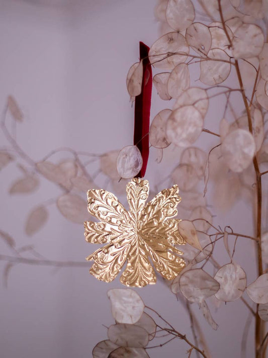 Snowflake Ornament - Tin Embossed with Ribbon