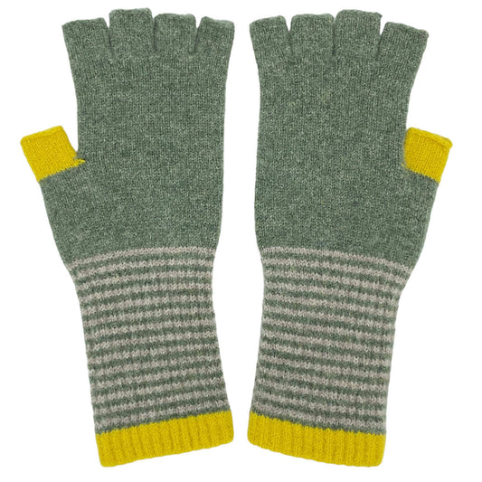 Women's Lambswool Fingerless Gloves - Soft Green & Electric Yellow