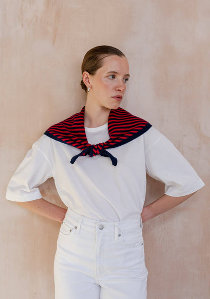 Merino Wool Triangle Scarf in Navy & Red Stripe